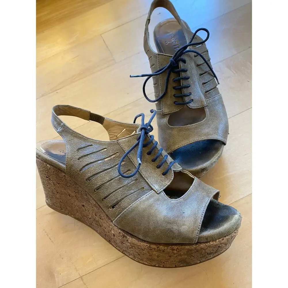 COCLICO Pierced Leather Lace Up Cork Platform Wedge Tie Sandals Brown 37 7 $395